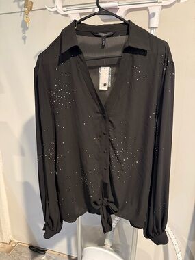 White House Black Market Black Button-Front Tie Blouse with Sparkle Accents